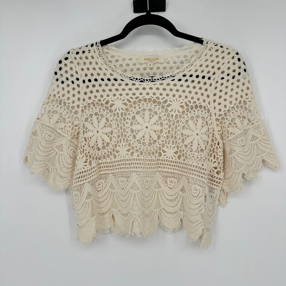 Rebellion Cream Beige Lace Crochet 100% Cotton Cropped Boho Bohemian Festival M